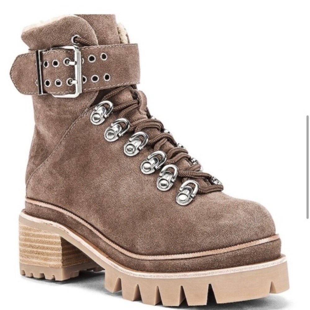 Jeffrey Campbell Czech boots‎ taupe suede lug sole revolve combat shearling sz 8